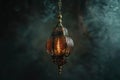Generative AI Image of Background of Round Islamic Lantern Hanging in Smoky Dark Room