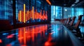 Generative AI Image of bar graph and arrow representing loss and coding over empty chairs and table in office Digi Royalty Free Stock Photo