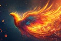 Generative AI Image of Beautiful Phoenix Bird with Fiery Wings Flying in Dark Sky