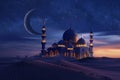 Generative AI Image of Big Mosque Building in the Desert with Crescent in Night Sky Royalty Free Stock Photo