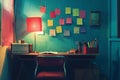 Generative AI Image of Blank Sticky Notes Sticked on the Blue Wall in Study Room Royalty Free Stock Photo