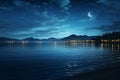 Generative AI Image of Blue Ocean View with Crescent Moon at Night Royalty Free Stock Photo