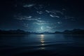 Generative AI Image of Blue Ocean View with Crescent Moon in the Sky at Night Royalty Free Stock Photo
