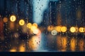 Generative AI Image of Blurred Effect from Window During Rain with Bokeh Lights Background at Night Royalty Free Stock Photo