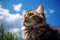 Generative AI Image of Brown Striped Cat on Bright Blue Sky Background