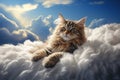 Generative AI Image of Brown Striped Cat Relaxing on Clouds with Bright Blue Sky Background
