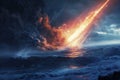 Generative AI Image of Burning Meteor Explosion Falling from the Sky Hitting the Ocean