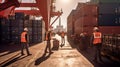 A bustling commercial port, towering cranes, cargo ships, and busy workers