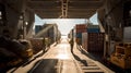 A bustling commercial port, towering cranes, cargo ships, and busy workers