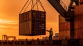 A bustling commercial port, towering cranes, cargo ships, and busy workers