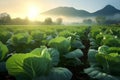 Generative AI Image of Cabbage Vegetables in Field with Mountain View in the Morning