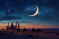 Generative AI Image of Camel with Mosque in the Desert and Crescent in the Sky Royalty Free Stock Photo