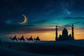 Generative AI Image of Camel Passing a Mosque in the Desert with Crescent in the Sky Royalty Free Stock Photo