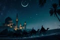 Generative AI Image of Camel Walking Passing a Mosque in the Desert at Night Royalty Free Stock Photo