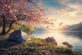 Generative AI Image of Camping Tent by the Lake with Cherry Blossoms in Spring
