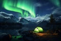 Generative AI Image of Camping Tent with Nature Landscape and Aurora Borealis in the Sky
