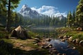 Generative AI Image of Camping Tent Near River Surrounded by Pine Trees in Bright Day