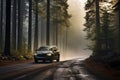 Generative AI Image of Car Passing Through a Misty Pine Forest