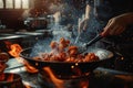 Generative AI Image of Chef Cooking Spicy Chicken on Stove with Hot Fire in Kitchen