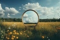 Generative AI Image of Circle Mirror in Flowering Garden with Blue Sky Royalty Free Stock Photo