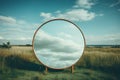 Generative AI Image of Circle Mirror in Green Meadow with Bright Blue Sky Royalty Free Stock Photo