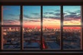 Generative AI Image of Cityscape From Window with Dramatic Sky at Sunset