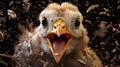 Close-up of the tiny hatchling\'s head with a wide-open mouth, hungry, and innocence