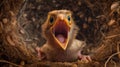 Close-up of the tiny hatchling\'s head with a wide-open mouth, hungry, and innocence