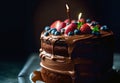 Generative Ai image, Close up fancy creamy chocolate cake with fresh fruits Strawberries, Blueberries, low light, delicious bakery Royalty Free Stock Photo