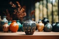 Generative AI Image of Collection of Ceramic Pottery Jug Crafts on Wooden Table