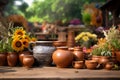 Generative AI Image of Collection of Clay Pottery Jug Crafts with Flowers and Plants