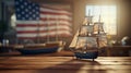 Generative AI Image of Columbus Day Celebration Concept with American Flag and Miniature Ship