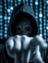 Computer hacker with hoodie working on dark web, ready to steal your data. Cybersecurity concept.