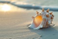 Generative AI Image of Conch Shell on Beach Sand with Waves Royalty Free Stock Photo