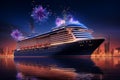 Generative AI Image of Cruise Ship in the Sea with Fireworks Party at Night