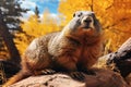 Generative AI Image of Cute Brown Marmot Animal Resting on a Rock in Autumn Fall