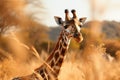 Generative AI Image of Cute Giraffe Animal with Prairie in African Savanna