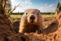 Generative AI Image of Cute Groundhog Hiding in the Ground