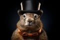 Generative AI Image of Cute Groundhog Marmot Wearing Black Hat on Dark Background