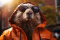 Generative AI Image of Cute Groundhog Marmot Wearing Orange Jacket with Stylish Sunglasses