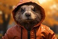 Generative AI Image of Cute Groundhog Marmot Wearing Orange Sport Jacket