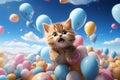 Generative AI Image of Cute Kitten Flying with Balloons on Bright Blue Sky Background