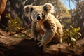 Generative AI Image of Cute Koala Animal Walking on Eucalyptus Tree Branch in Bright Day Royalty Free Stock Photo