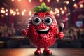 Generative AI Image of Cute Strawberry Fruit Character Holding a Microphone on Stage