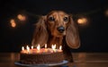 Generative AI image of a dachshund wiener dog with a birthday cake