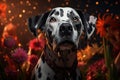 Generative AI Image of Dalmatian Dog with Flower Plants and Fireflies Background