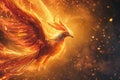 Generative AI Image of Dashing Phoenix Bird with Hot Fire Flame Flying in the Sky