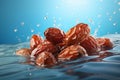 Generative AI Image of Dates Fruit Floating on Clear Water with Bright Blue Background