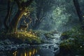 Generative AI Image of Deer Roe Standing in Enchanted Forest River with Fireflies Flying in the Air Royalty Free Stock Photo