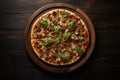 Generative AI Image of Delicious Pizza Served on a Wooden Plate in Restaurant